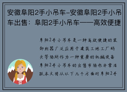 安徽阜阳2手小吊车-安徽阜阳2手小吊车出售：阜阳2手小吊车——高效便捷的装卸利器