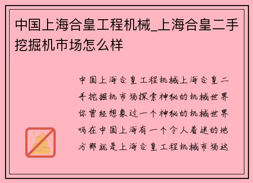 中国上海合皇工程机械_上海合皇二手挖掘机市场怎么样