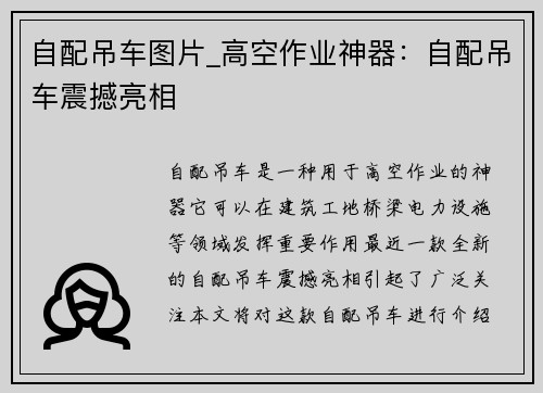 自配吊车图片_高空作业神器：自配吊车震撼亮相